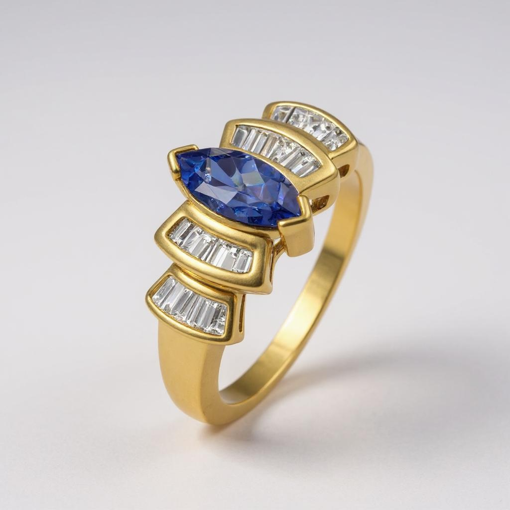 14k Gold Blue Marquee Gemstone with Baguettes Diamonds