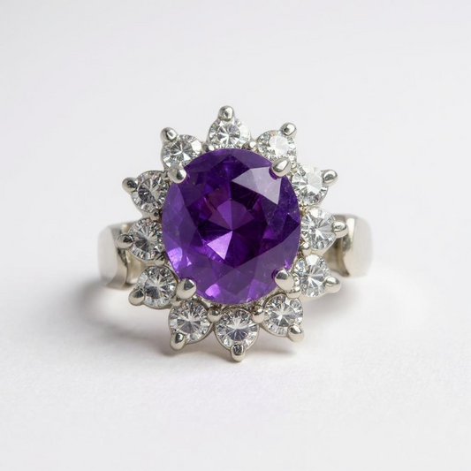 18k White Gold Oval Amethyst with Diamond Halo Cluster