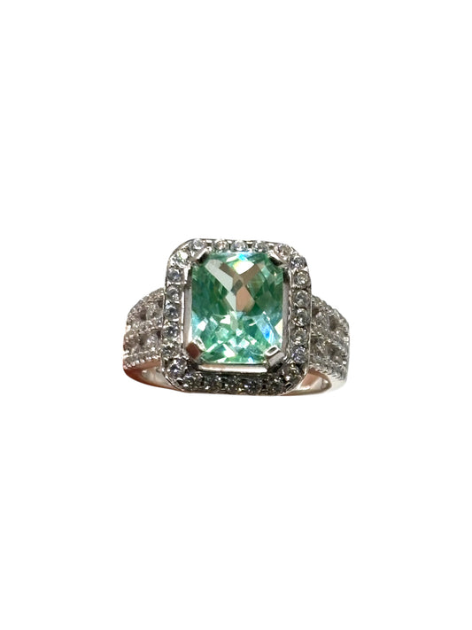 Celestial Grace – Ocean Green Spinel Halo Ring in Sterling Silver