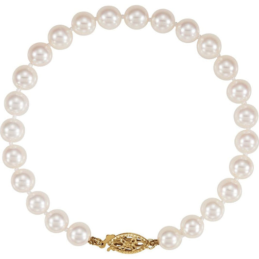 14K Yellow Gold Cultured White Akoya Pearl 7" Bracelet