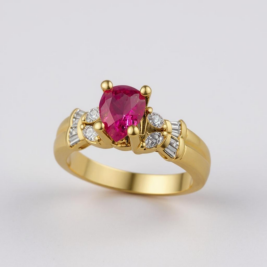 18k Pear shaped Ruby with Marquee and Baguette Diamonds